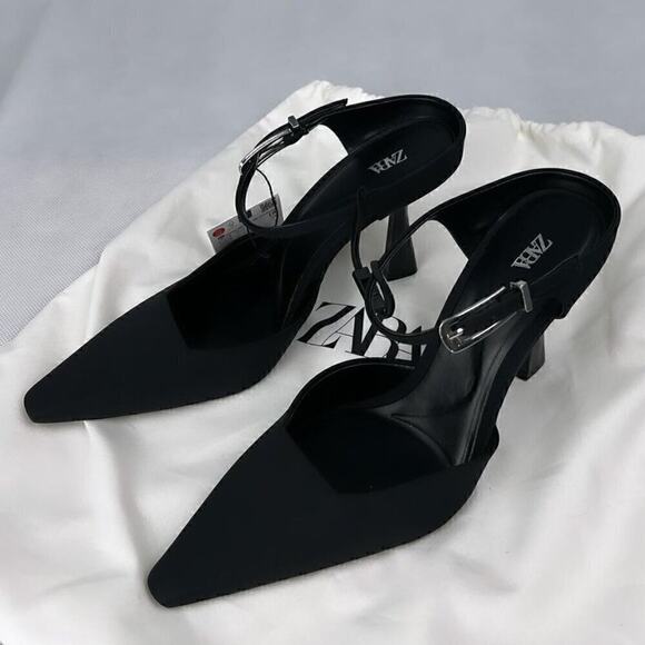 ZARA Black Buckled Mules NWT | Pointed Toe Heels | Size 8 - Picture 10 of 16